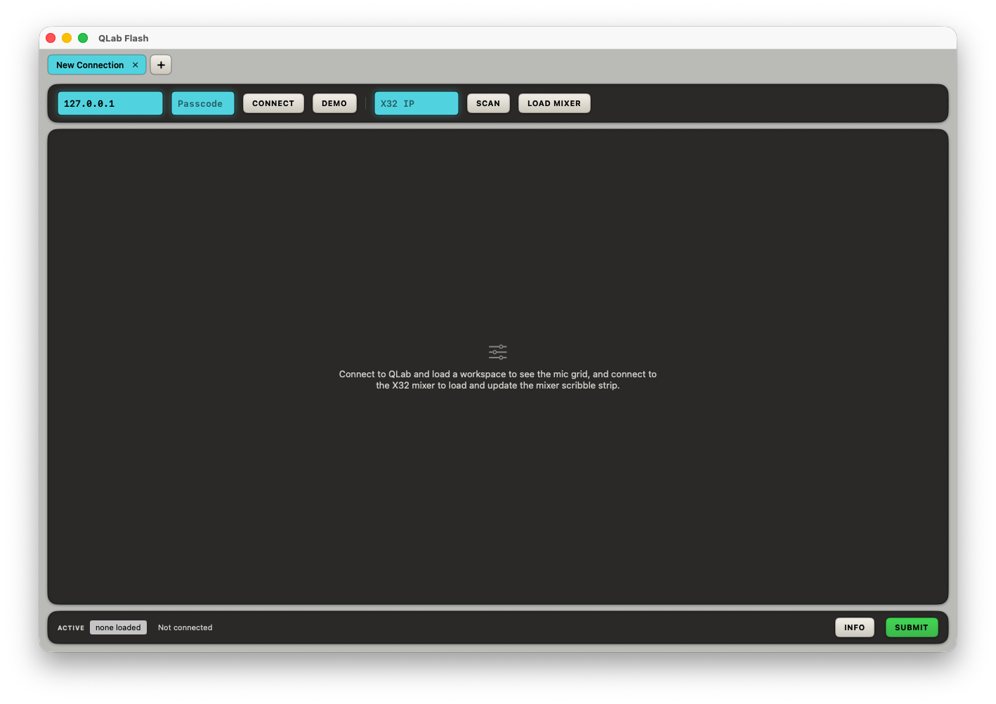 QLab Flash on launch — a connection panel with fields for QLab IP, passcode, Connect, Demo, X32 IP, Scan and Load Mixer.