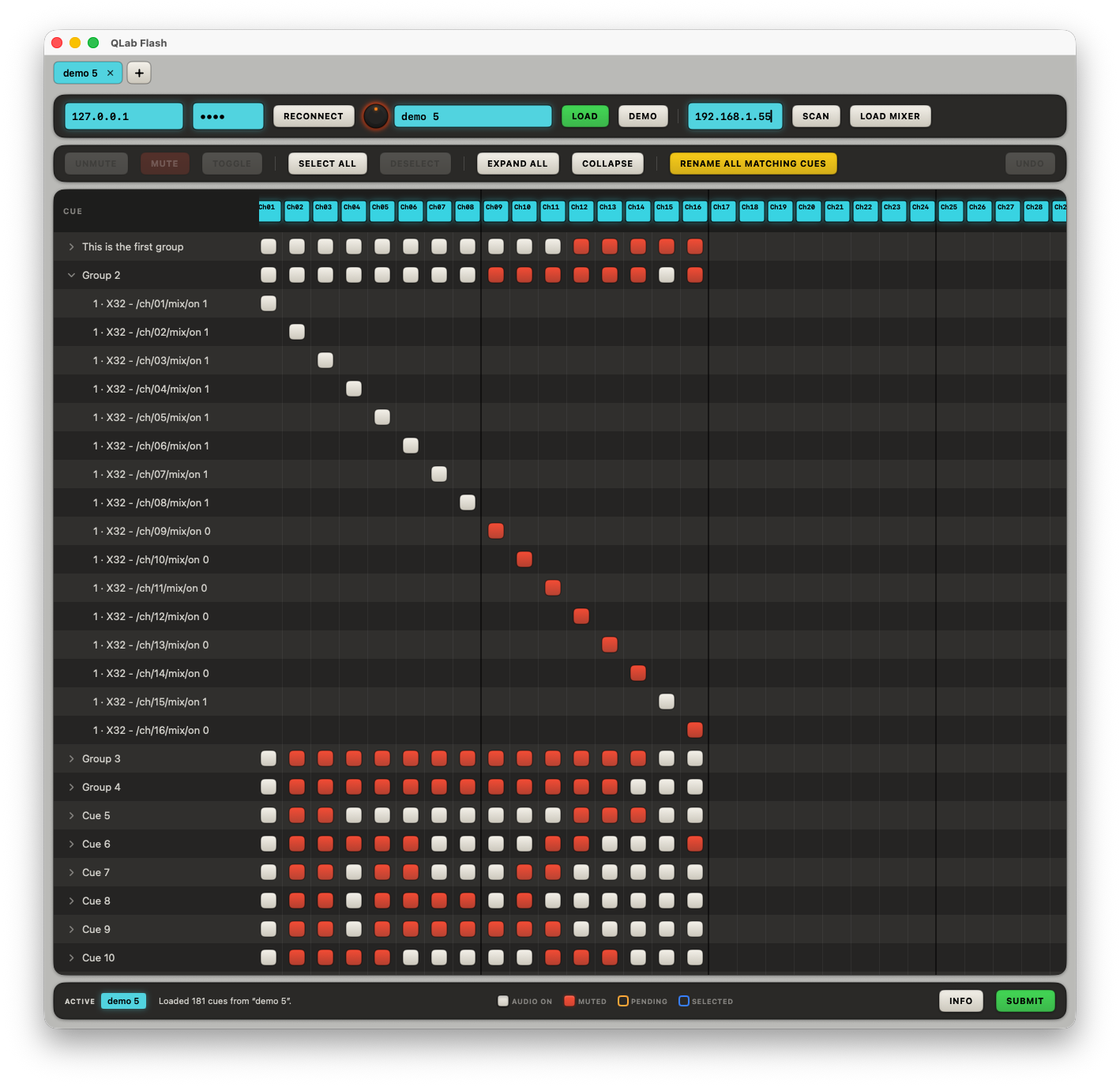 A group expanded in the grid, showing each individual mic cue (e.g. /ch/01/mix/on 1) as its own row beneath the parent group.